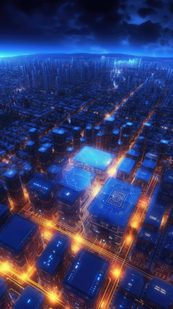 Abstract background of high speed global data transfer and super fast broadband in futuristic tech city at night - Generative AI illustrationの素材
