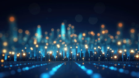 Abstract background of high speed global data transfer and super fast broadband in futuristic tech city at night - Generative AI illustrationの素材
