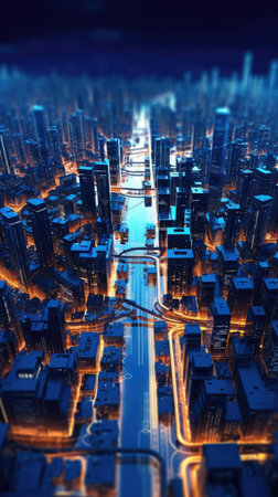 Abstract background of high speed global data transfer and super fast broadband in futuristic tech city at night - Generative AI illustrationの素材
