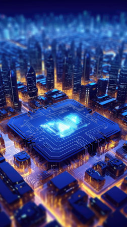 Abstract background of high speed global data transfer and quantum processor computer system in a futuristic tech city at night - Generative AI illustrationの素材