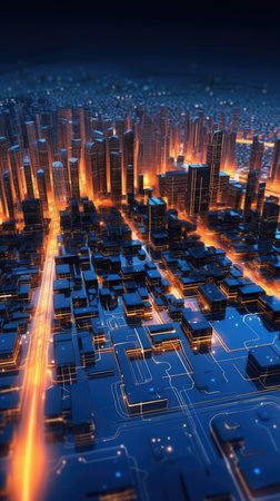 Abstract background of high speed global data transfer and super fast broadband in futuristic tech city at night - Generative AI illustrationの素材