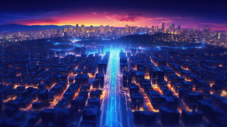 Abstract background of high speed global data transfer and super fast broadband in futuristic tech city at night - Generative AI illustrationの素材