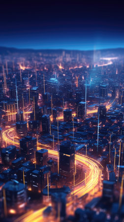 Abstract background of high speed global data transfer and super fast broadband in futuristic tech city at night - Generative AI illustrationの素材