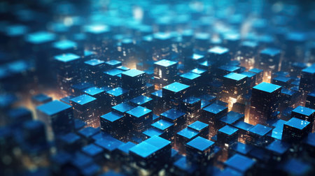 Abstract background of a futuristic tech city at night. Quantum computing system and high speed global data transfer - Generative AI illustrationの素材