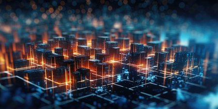 Abstract background of a futuristic tech city at night. Quantum computing system and high speed global data transfer - Generative AI illustrationの素材