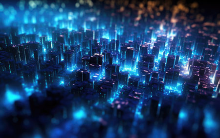 Abstract background of a futuristic tech city at night. Quantum computing system and high speed global data transfer - Generative AI illustrationの素材