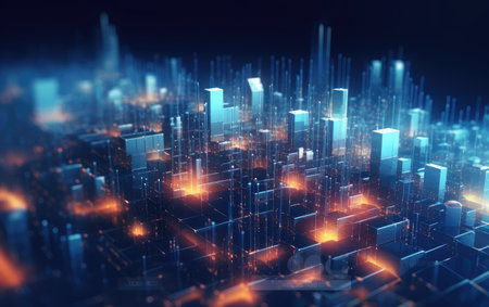Abstract background of a futuristic tech city at night. Quantum computing system and high speed global data transfer - Generative AI illustrationの素材