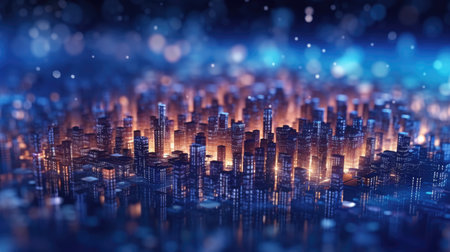 Abstract background of high speed global data transfer and super fast broadband in futuristic tech city at night - Generative AI illustrationの素材