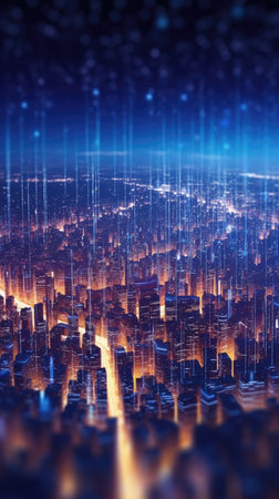 Abstract background of high speed global data transfer and super fast broadband in futuristic tech city at night - Generative AI illustrationの素材
