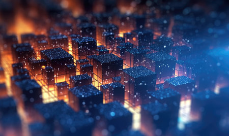 Abstract background of a futuristic tech city at night. Quantum computing system and high speed global data transfer - Generative AI illustrationの素材