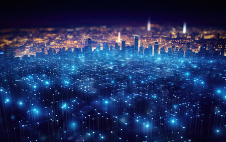 Abstract background of high speed global data transfer and super fast broadband in futuristic tech city at night - Generative AI illustrationの素材