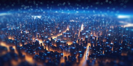 Abstract background of high speed global data transfer and super fast broadband in futuristic tech city at night - Generative AI illustrationの素材