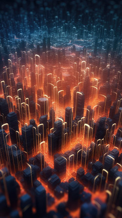 Abstract background of a futuristic tech city at night. Quantum computing system and high speed global data transfer - Generative AI illustrationの素材