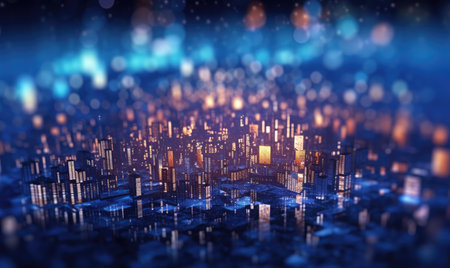 Abstract background of high speed global data transfer and super fast broadband in futuristic tech city at night - Generative AI illustrationの素材