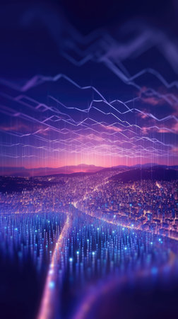 Abstract background of high speed global data transfer and super fast broadband in futuristic tech city at night - Generative AI illustrationの素材