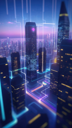 Abstract background of high speed global data transfer and super fast broadband in futuristic tech city at night - Generative AI illustrationの素材