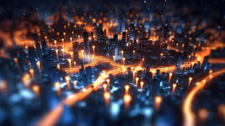 Abstract background of high speed global data transfer and super fast broadband in futuristic tech city at night - Generative AI illustrationの素材