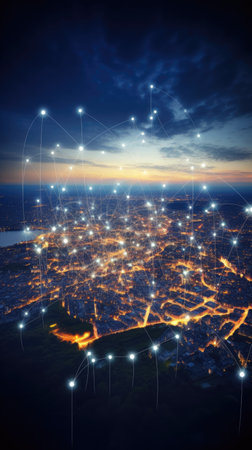 Abstract background of high speed global data transfer and super fast broadband in futuristic tech city at night - Generative AI illustrationの素材