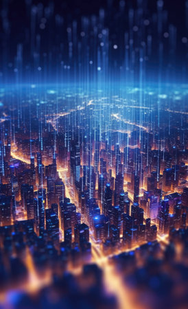 Abstract background of high speed global data transfer and super fast broadband in futuristic tech city at night - Generative AI illustrationの素材