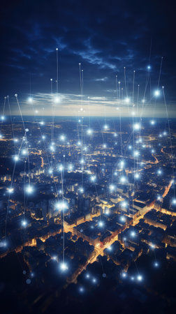 Abstract background of high speed global data transfer and super fast broadband in futuristic tech city at night - Generative AI illustrationの素材