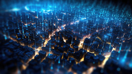 Abstract background of high speed global data transfer and super fast broadband in futuristic tech city at night - Generative AI illustrationの素材