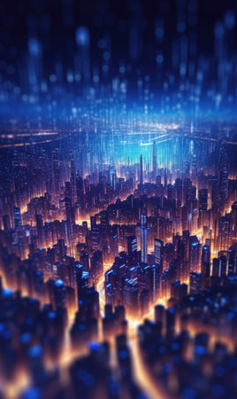 Abstract background of high speed global data transfer and super fast broadband in futuristic tech city at night - Generative AI illustrationの素材