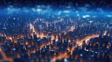 Abstract background of high speed global data transfer and super fast broadband in futuristic tech city at night - Generative AI illustrationの素材