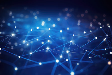 Abstract blue technology background with a cyber network grid and connected particles. Artificial neurons, global data connections - Generative AIの素材