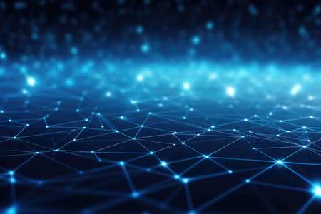 Abstract blue technology background with a cyber network grid and connected particles. Artificial neurons, global data connections - Generative AIの素材