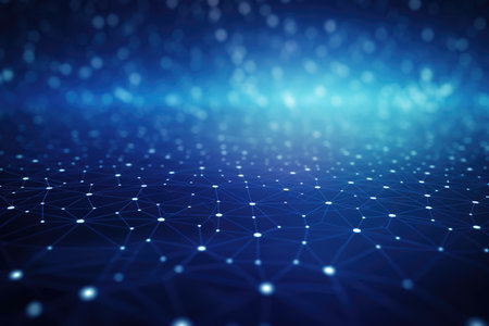Abstract blue technology background with a cyber network grid and connected particles. Artificial neurons, global data connections - Generative AIの素材