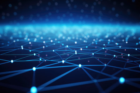 Abstract blue technology background with a cyber network grid and connected particles. Artificial neurons, global data connections - Generative AIの素材