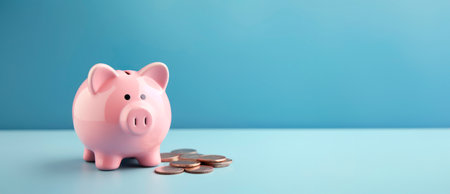 Pink pig piggy bank next to a stack of gold coins, isolated on blue background. Investment success, savings concept - Generative AIの素材