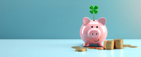 Smiling pink pig piggy bank next to a stack of gold coins and a four leaf clover sticking out from it, isolated on blue background. Investment success, savings concept - Generative AIの素材