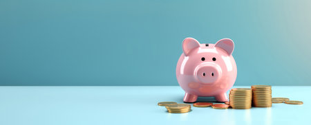 Pink pig piggy bank next to a stack of gold coins, isolated on blue background. Investment success, savings concept - Generative AIの素材