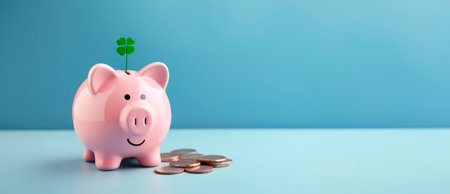 Smiling pink pig piggy bank next to a stack of gold coins and a four leaf clover sticking out from it, isolated on blue background. Investment success, savings concept - Generative AIの素材