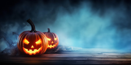 Glowing evil pumpkins in a spooky night with fog, on a wooden floor. Halloween banner background - Generative AIの素材