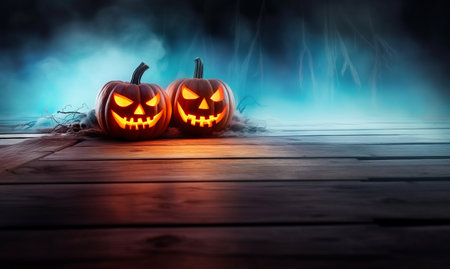 Glowing evil pumpkins in a spooky night with fog, on a wooden floor. Halloween banner background - Generative AIの素材