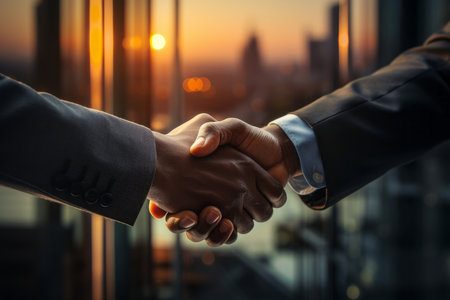 Businessman handshake on workplace background at sunset. Partnership, successful deal, agreement, business contract concept - Generative AIの素材