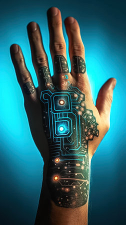Tattooed human hand connected to futuristic digital technology. Conceptual image illustrating the dangers of transhumanism, the excess of robotic cyber engineering - Generative AIの素材