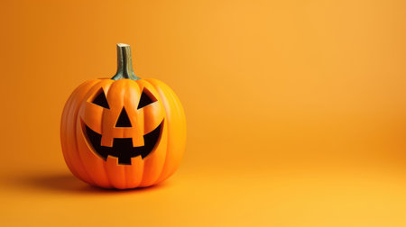 Funny evil pumpkin smiling on orange background. Happy Halloween decorative banner.の素材