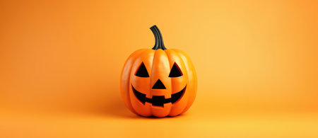 Funny evil pumpkin smiling on orange background. Happy Halloween decorative banner.の素材