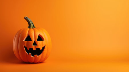 Funny evil pumpkin smiling on orange background. Happy Halloween decorative banner.の素材