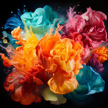 Abstract explosion of colors in paint splashes, isolated on black. Mixed liquid vivid flow, flower shaped, for creative background - Generative AIの素材