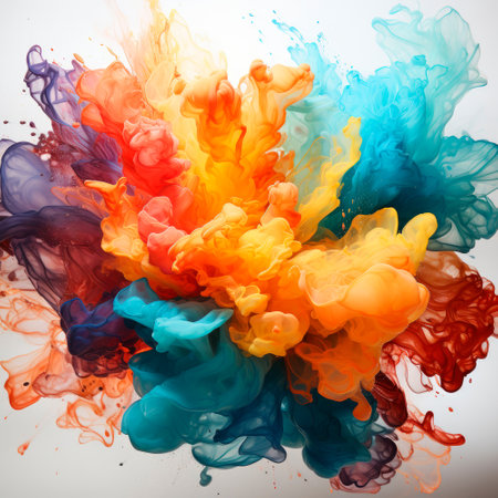 Abstract explosion of colors in paint splashes, isolated on white. Mixed liquid vivid flow, curved dynamic fluid for creative background - Generative AIの素材