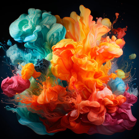 Abstract explosion of colors in paint splashes, isolated on black. Mixed liquid vivid flow, flower shaped, for creative background - Generative AIの素材