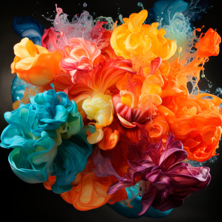 Photo for Abstract explosion of colors in paint splashes, isolated on black. Mixed liquid vivid flow, flower shaped, for creative background - Generative AI - Royalty Free Image