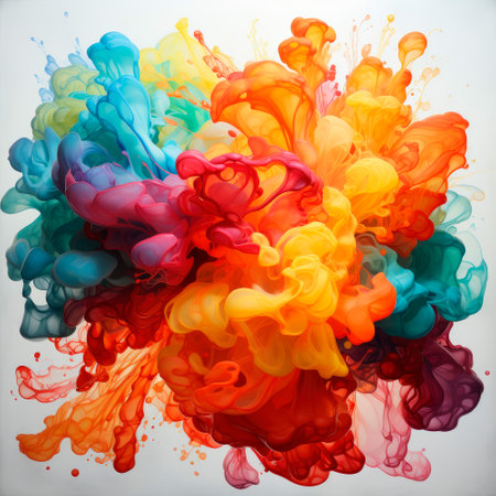 Abstract explosion of colors in paint splashes, isolated on white. Mixed liquid vivid flow, curved dynamic fluid for creative background - Generative AIの素材