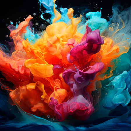 Abstract explosion of colors in paint splashes, isolated on black. Mixed liquid vivid flow, curved dynamic fluid for creative background - Generative AIの素材