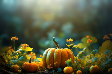 Autumn natural garden background, warm seasonal colors, fresh mixed pumpkins, green foliage and orange flowers. Colorful Thanksgiving season banner.の素材