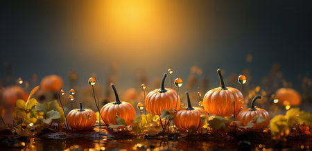Autumn natural garden background, warm seasonal colors, fresh mixed pumpkins and green foliage. Colorful Thanksgiving season banner.の素材